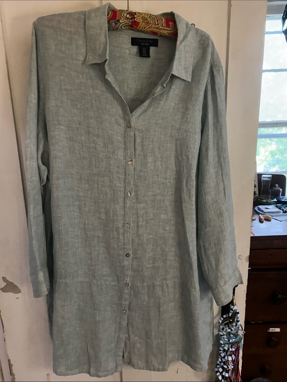 Tahari Light Blue Linen Button-Front Tunic Shirt